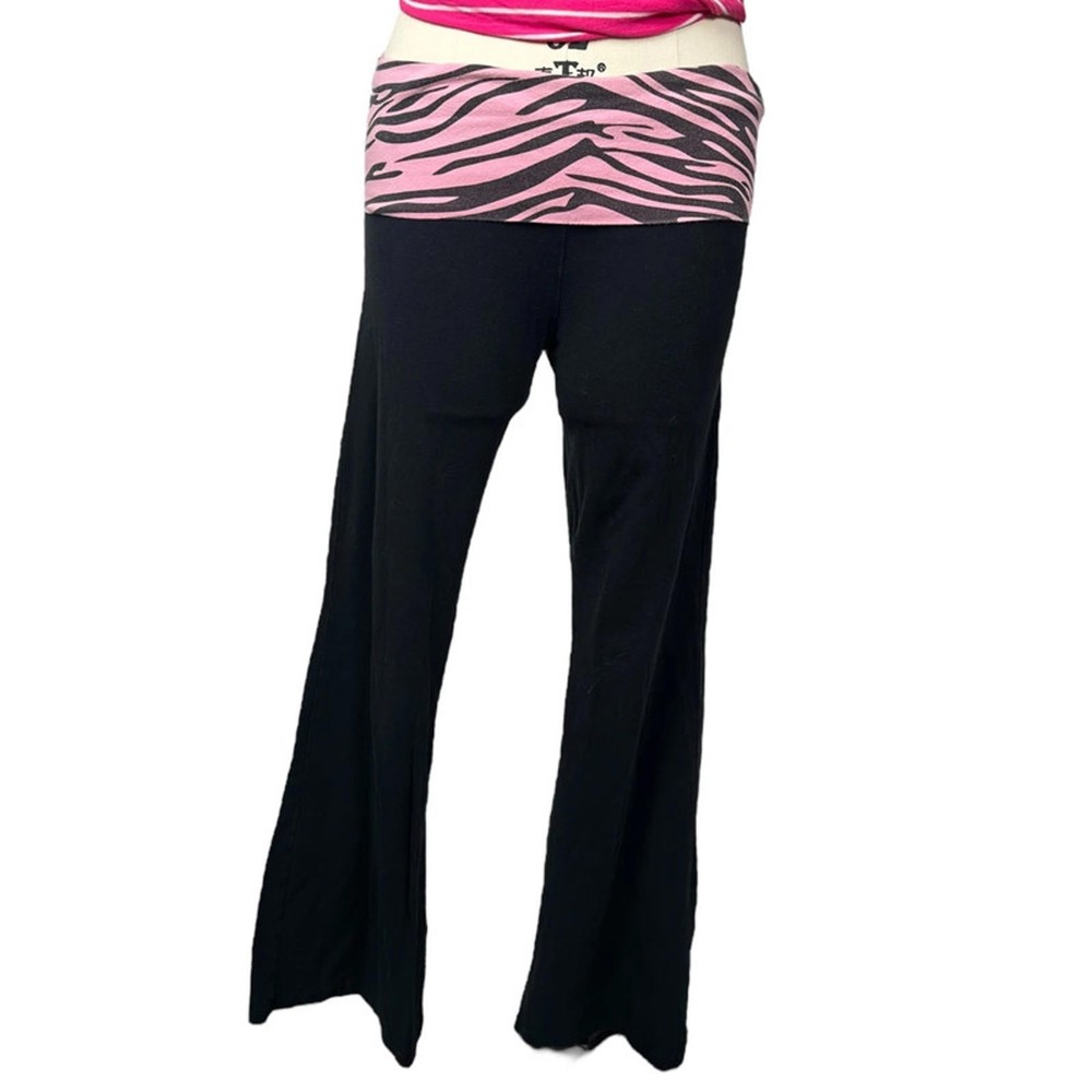 Y2K Energie black and pink zebra print fold over waistband flare leggings