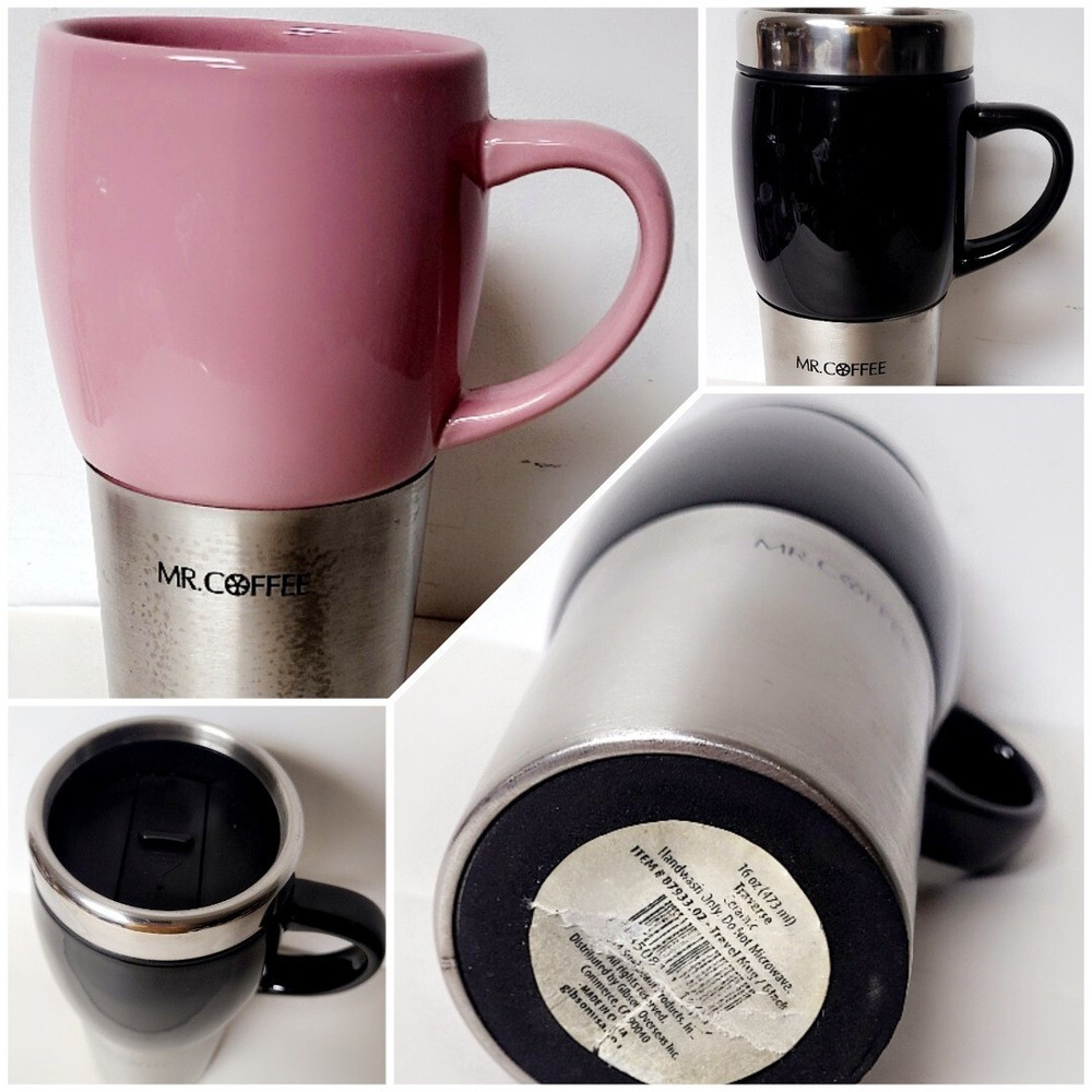 2 Mr Coffee Stainless Steel  Black Pink Ceramic Travel Mug & 1 Lid Set