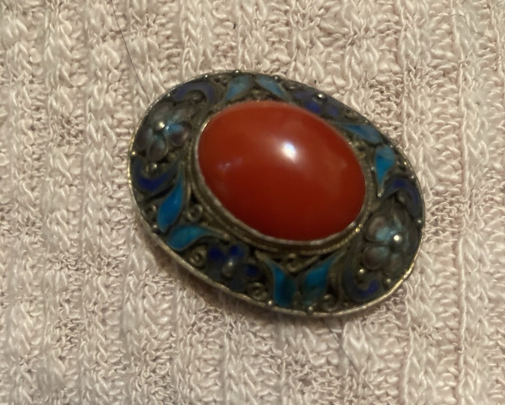 Antique Chinese Silver Filigree Brooch with Red Coral Cabochon and Blue Enamel