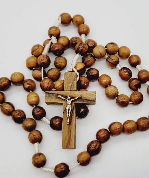 Vintage Wood Beaded Rosary Crucifix Cross Necklace Prayer Beads 15.5