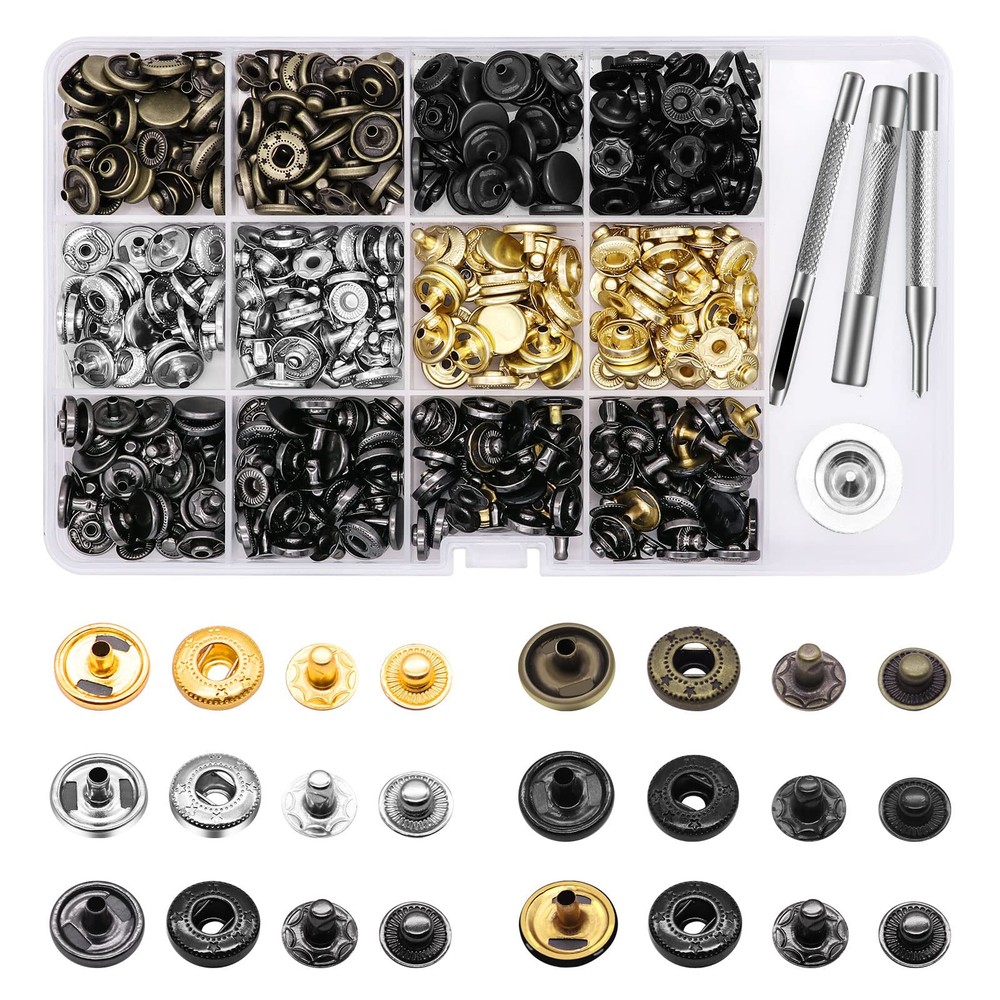 120 Set Leather Snap Fasteners Kit, 12.5mm Metal Button Snaps Press Studs wit...