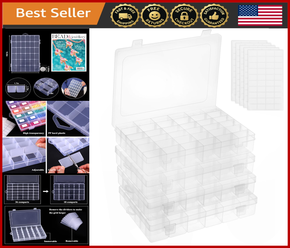 36-Grid Clear Bead Organizer Box Set for Crafts DIY Storage