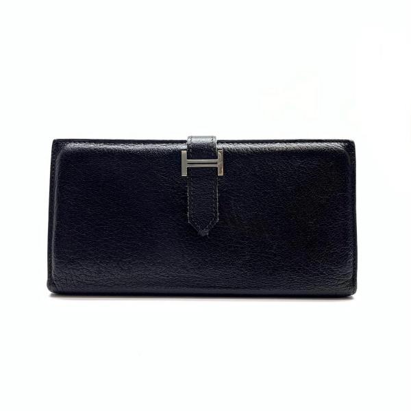 Hermes Bearn Long Wallet Chevre Leather Black Silver