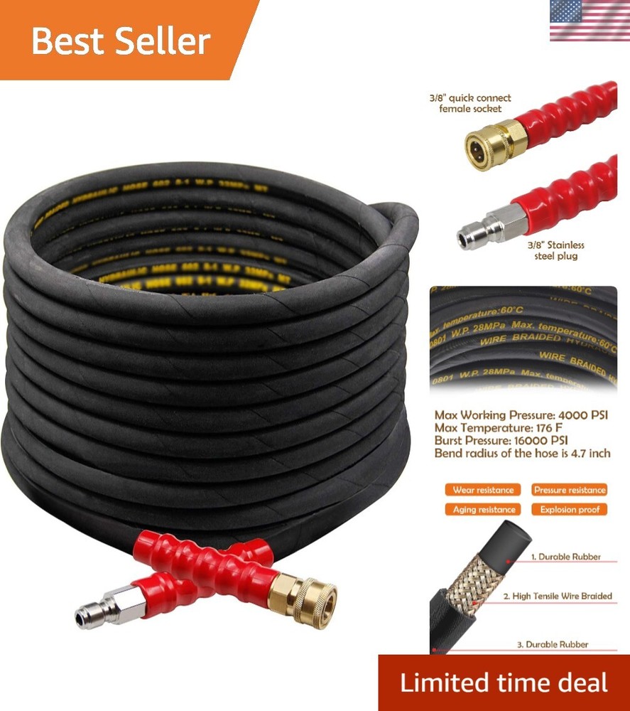 Professional Grade 50FT Power Washer Hose - 4000 PSI with Steel Wire Braiding