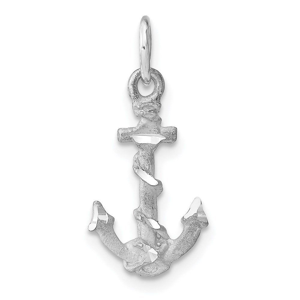 14K White Gold Diamond-Cut Anchor Charm Pendant 22mm 0.81g