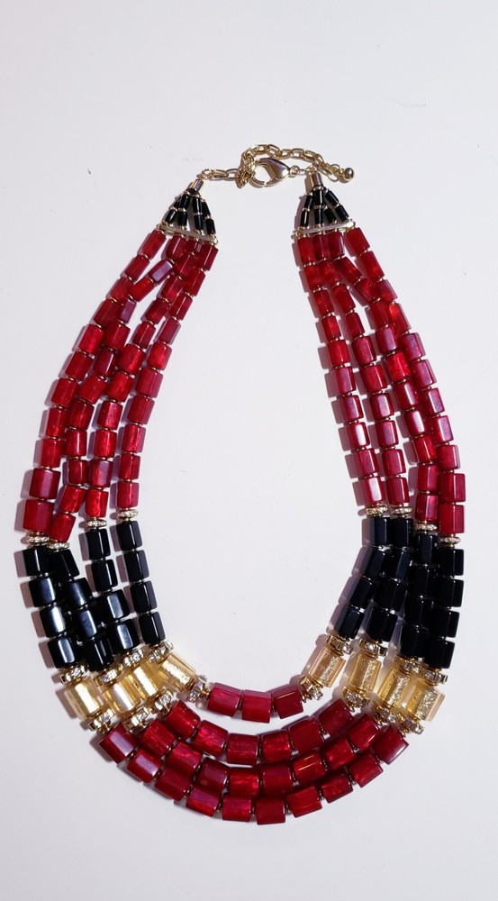 Beautiful Chico's Red, Black, Gold Necklace. Statement Necklace