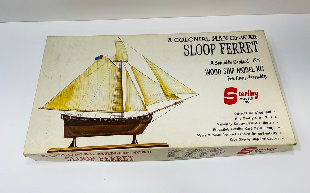 Vintage Sterling Sloop Ferret Wooden Ship Model Kit Colonial Man of War New Open Box