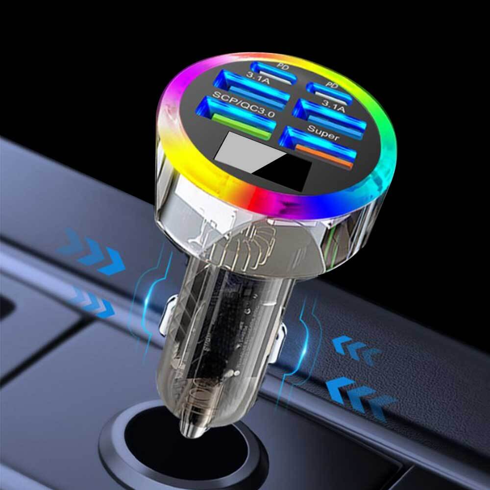 6-in-1 USB C Car Charger with Voltage Display & Colorful LED Lights
