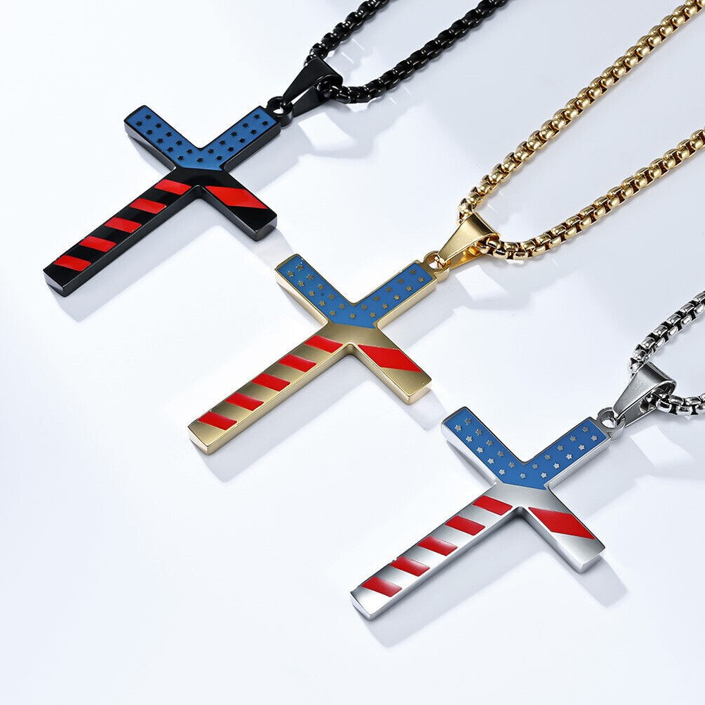 American flag cross necklace for men women Stainless Steel USA Pendant chain