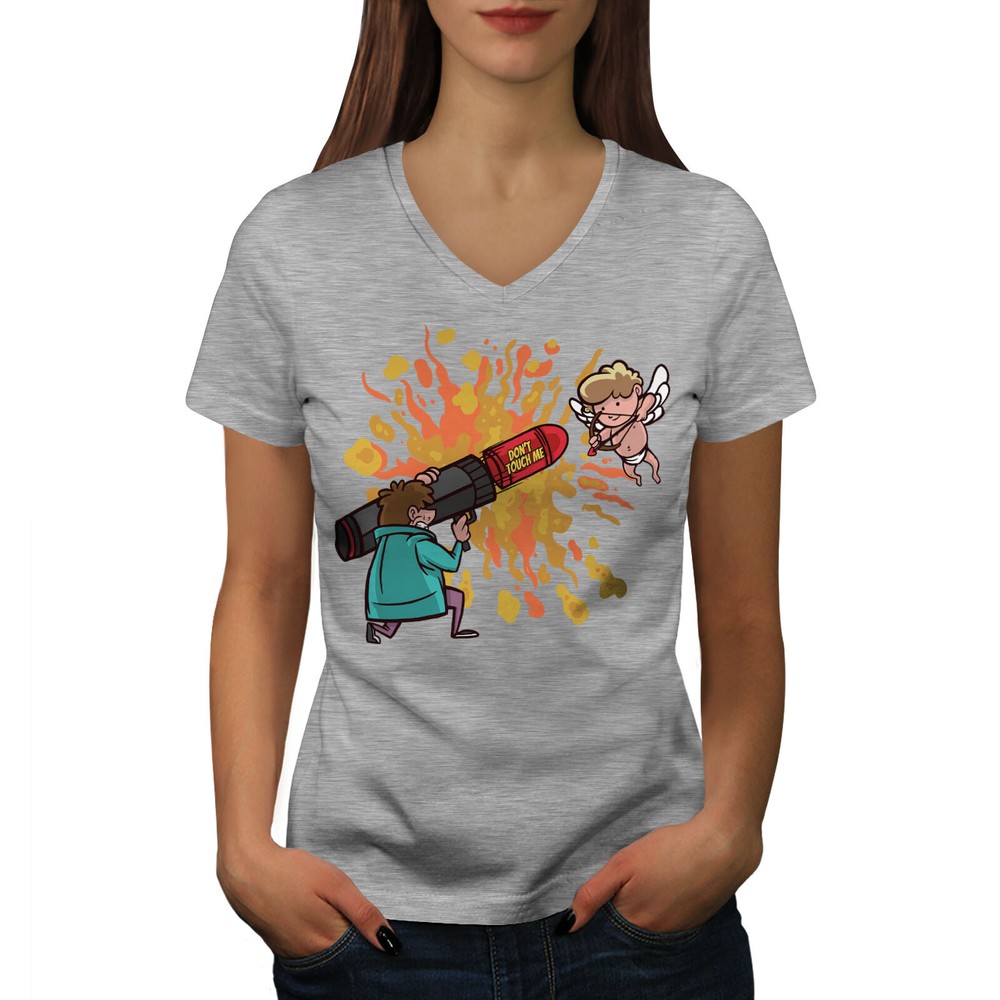 Wellcoda Don�T Touch Me Cupid And Bazooka Cartoon Womens V-Neck T-shirt