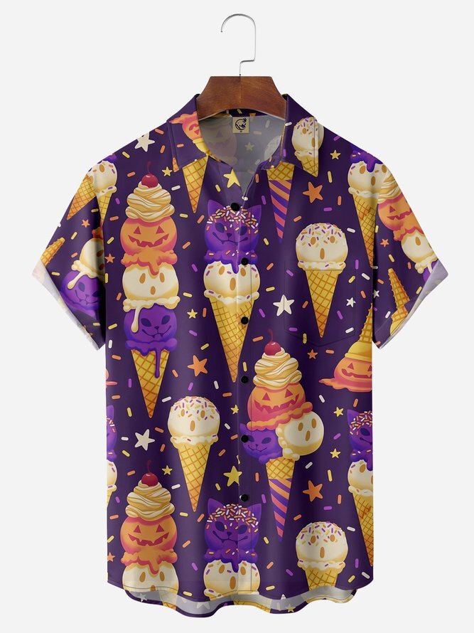 Spooky Ice Cream Chest Pocket Casual Short Sleeve Hawaiian Shirt for Fun Beachwear or Party Outfit