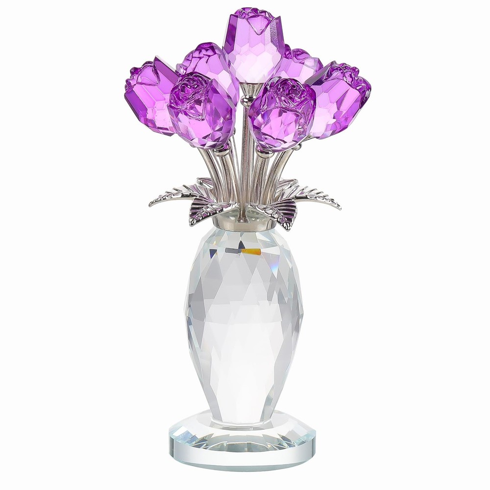 Crystal Purple Rose Flower Figurine with Vase, Handmade Romantic Rose Gifts B...
