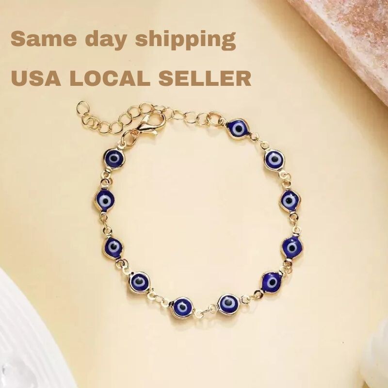 Adjustable 18K Gold Plated Adult Bracelet Dark Blue Evil Eye Good Luck & Protect