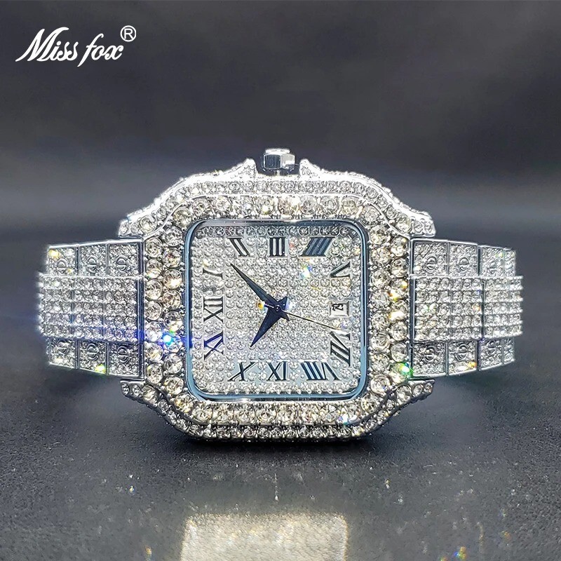 Hip Hop Luxury Fully Ice out Simulated Diamond Mens Watch Iced VVS Silver Square