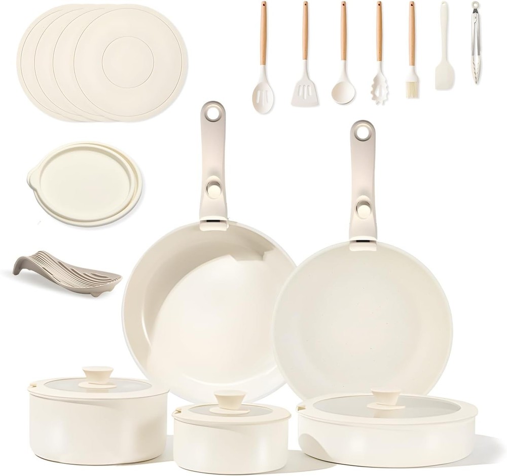 24-Piece Nonstick Pots and Pans Set in Cream White – Complete Kitchen Cookware