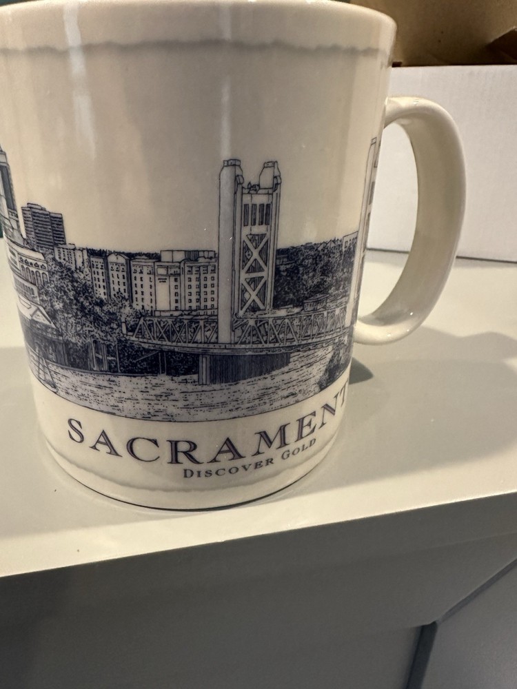 Starbucks Coffee Mug 2008 Sacramento California Discover Gold 18oz Blue White