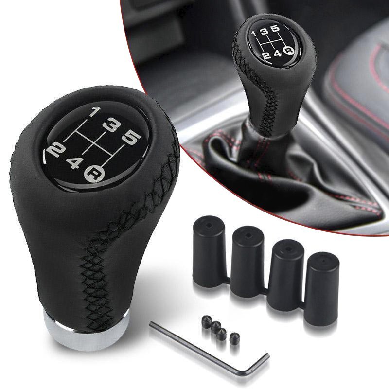 5-Speed Black Leather Manual Shift Knob with 4 Holes Fits 8/10/11/12mm