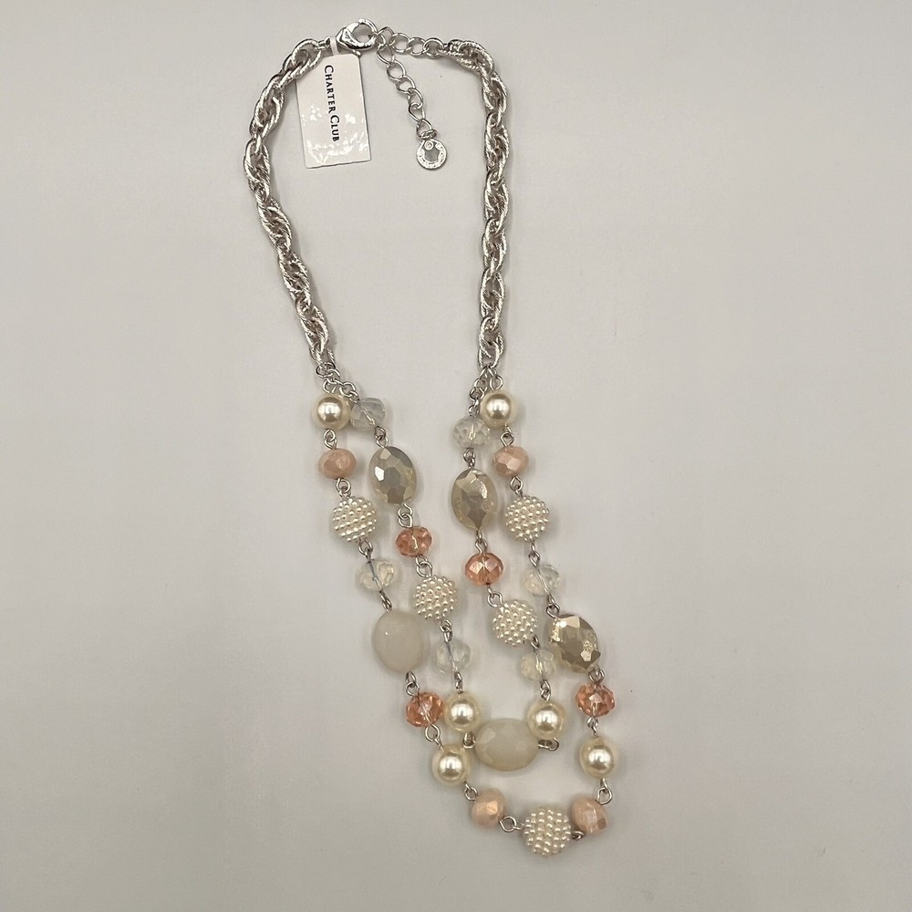 Charter Club Faux Pearl Crystal 2 Strand Women’s Necklace Pink Blue White NWT