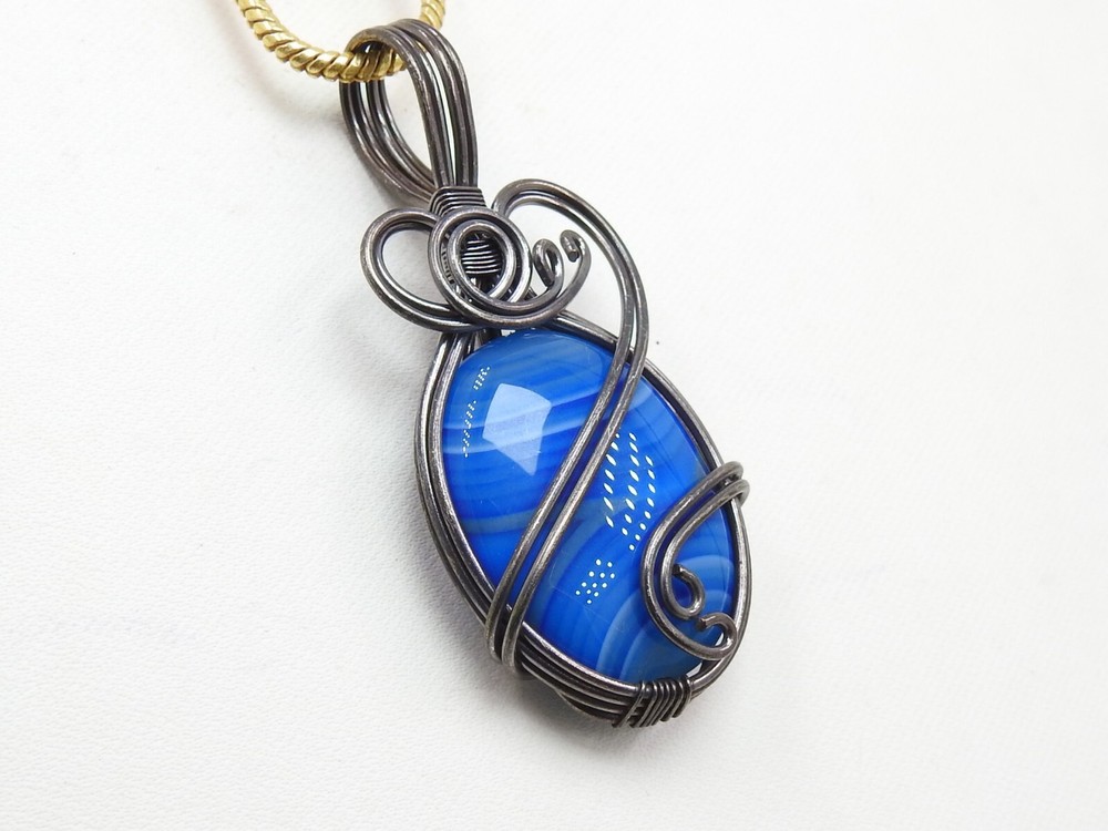 Blue Strip Agate Brass Pendant Silver Oxidised Polished Wire Wrapped Jewelry
