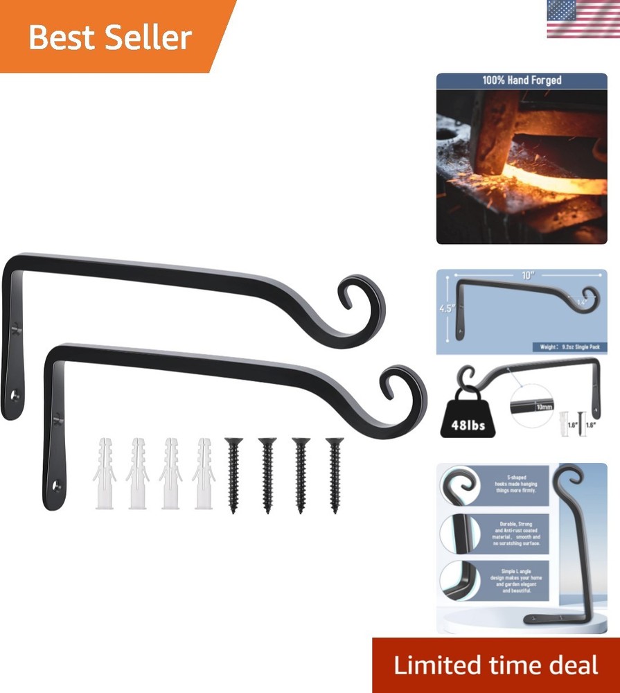 10-Inch Black Wall Hooks for Flowers, Feeders & More - Hand-Forged Bracket Set