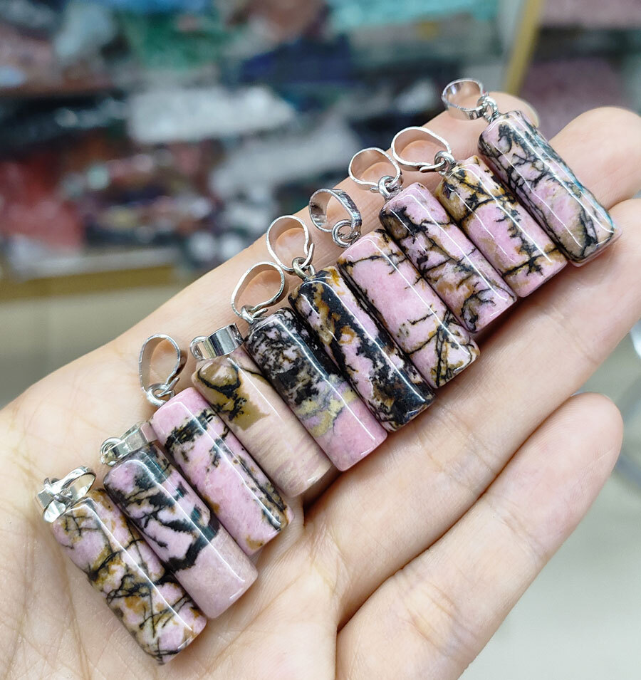 10pcs Natural  Rhodochrosite  Gems Cylinder Pendants Amulet stainless steel