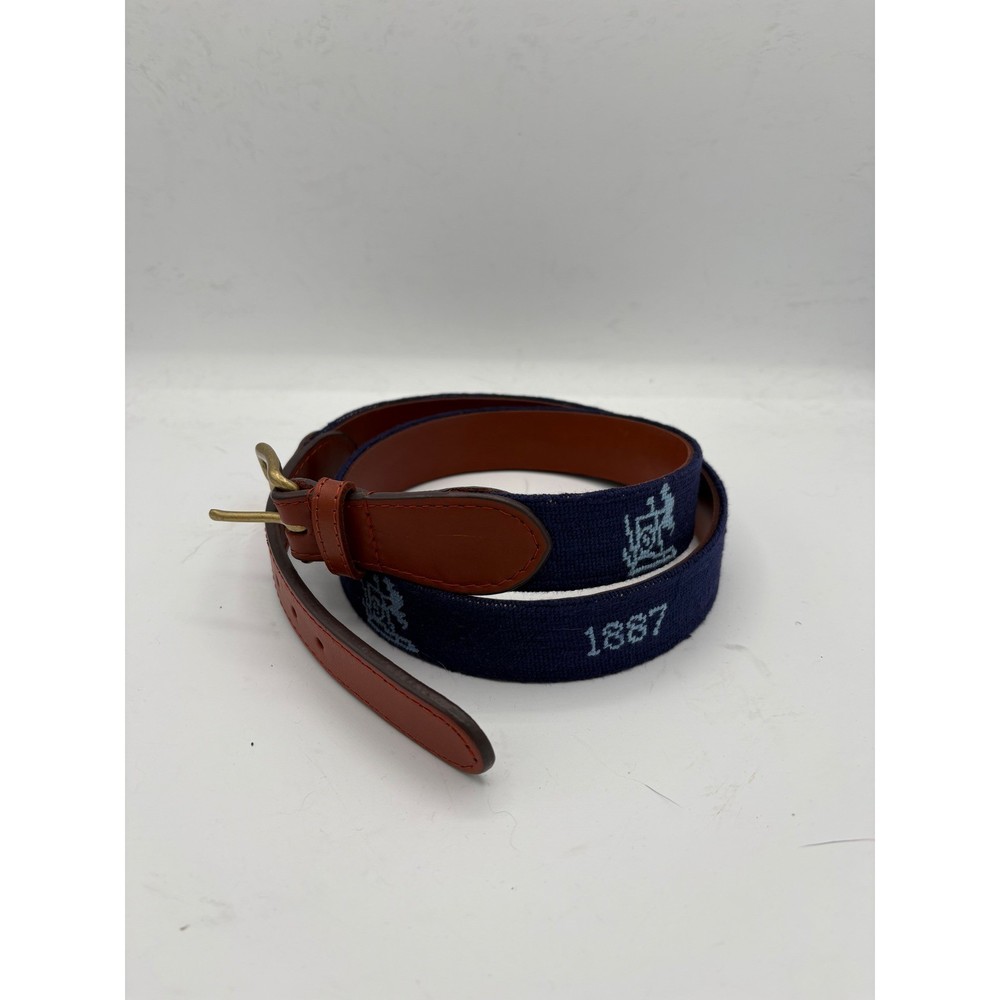 Smathers & Branson Mens 38 Hand Stitched Needlepoint Belt 1887 Logo Brass Buckle