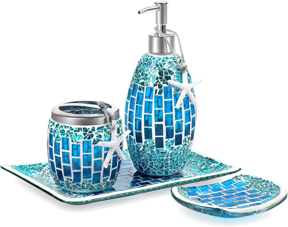 Handcrafted Mosaic Blue Glass Bathroom Accessory Set
