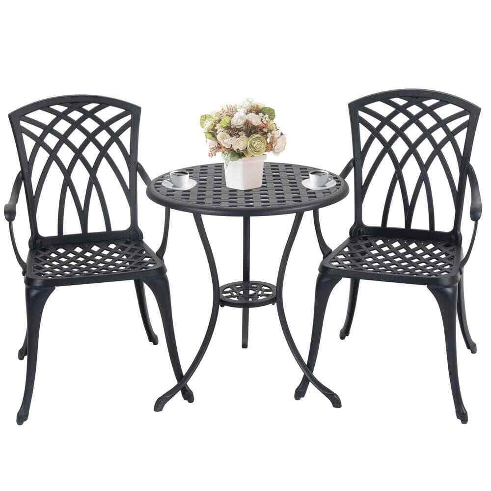 Black 3-Piece Aluminum Outdoor Bistro Set, Umbrella Hole