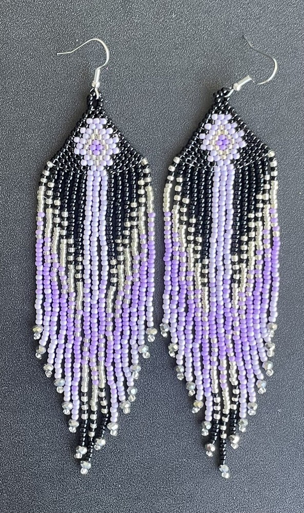Boho Western Black Purple Silver Seed Bead Beaded Earrings Fringe Tassel Long
