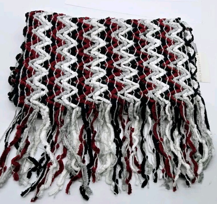 Charter Club Womens Scarf Black Red Super Soft Chenille Zigzag Weave Fringed NWT