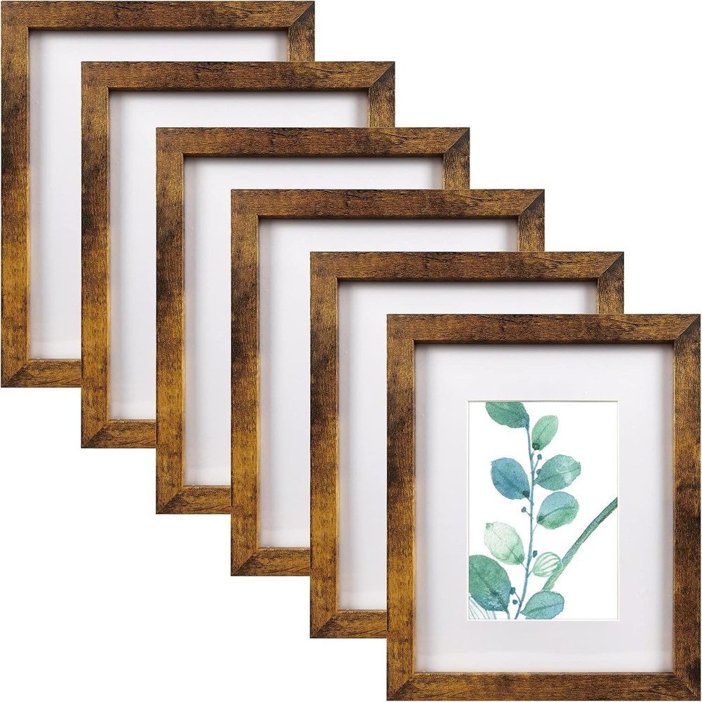 8X10 Picture Frame Brown Set of 6, Display Pictures 5X7 with Mat or 8X10 without