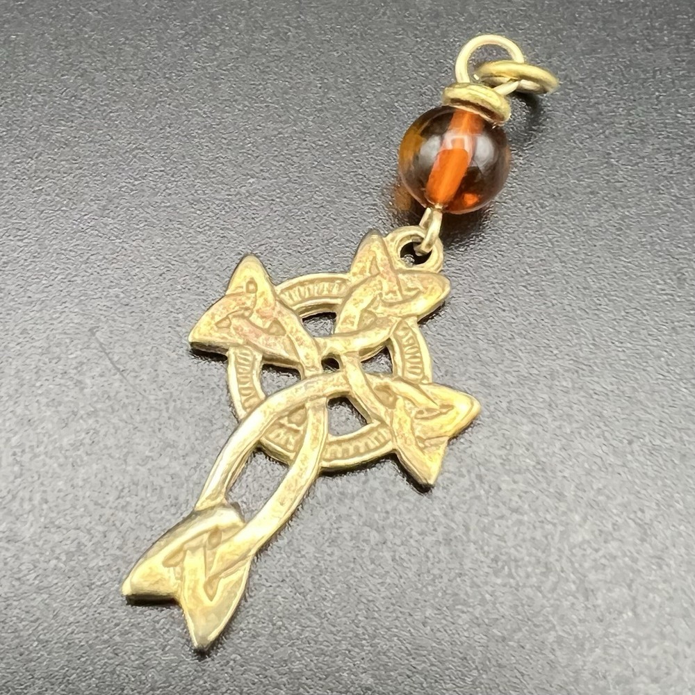 Sterling Vermeil Gold Celtic Cross Pendant with Citrine Bead 1.9g