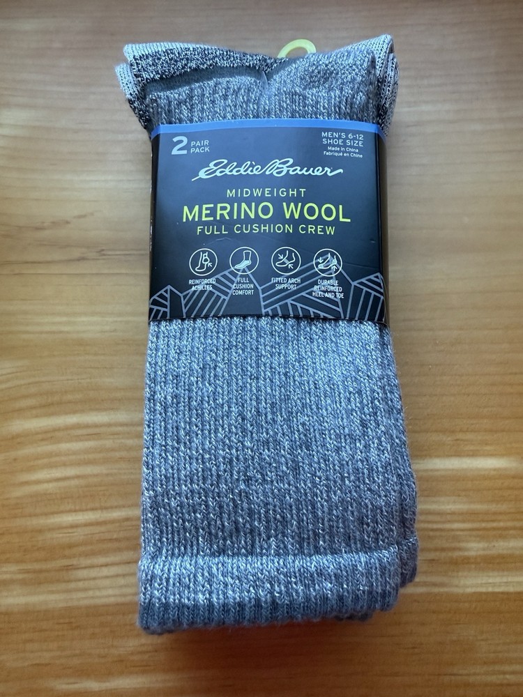 Eddie Bauer Mens Merino Wool Midweight Cushion Crew Socks 2-Pack Size 6-12