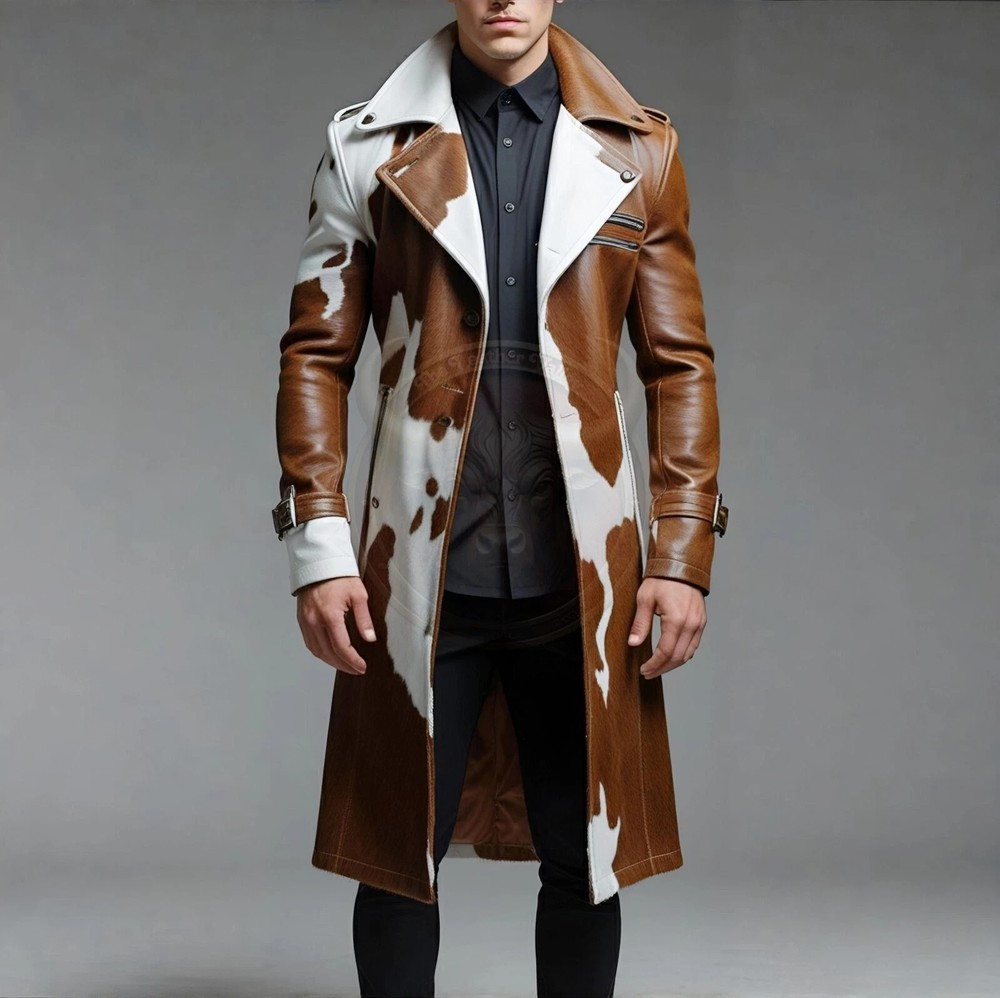 Men's Cowhide Leather Coat Natural Hair on Cow Print Pony Skin Western Jacket