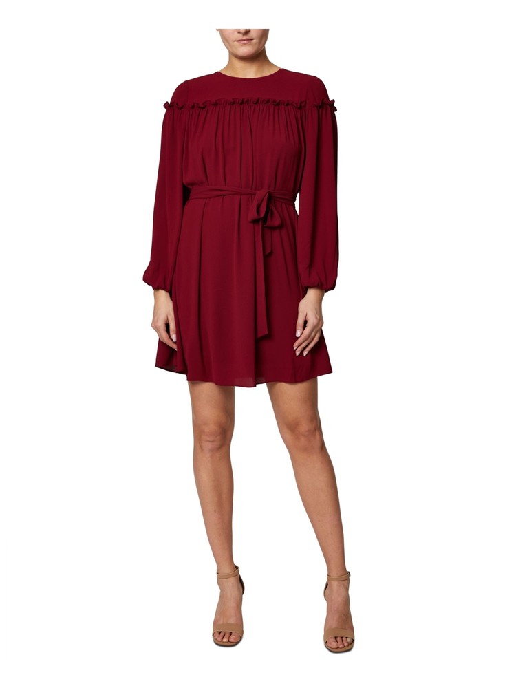 LAUNDRY Womens Maroon Self Tie Belt Closure Balloon Sleeve Short Dress 14
