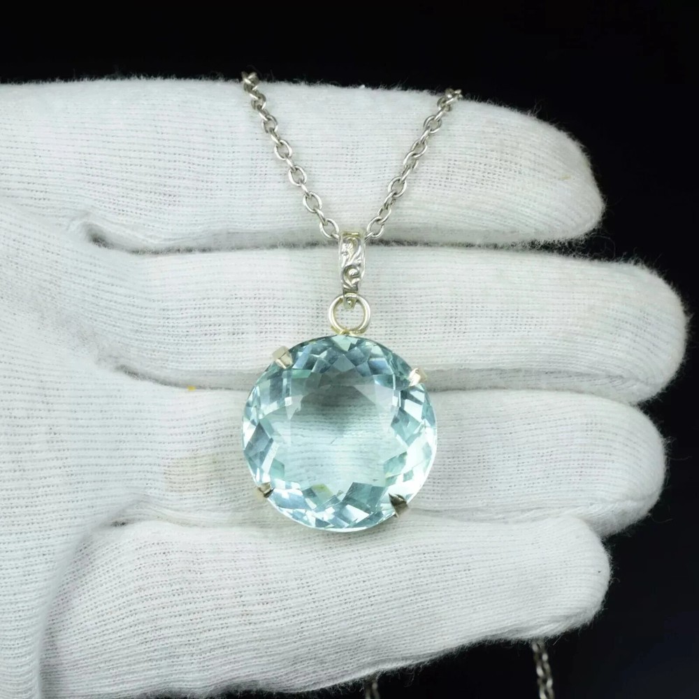 74 CT Aqua Blue Topaz Round Cut Pendant Necklace 925 Sterling Silver Round