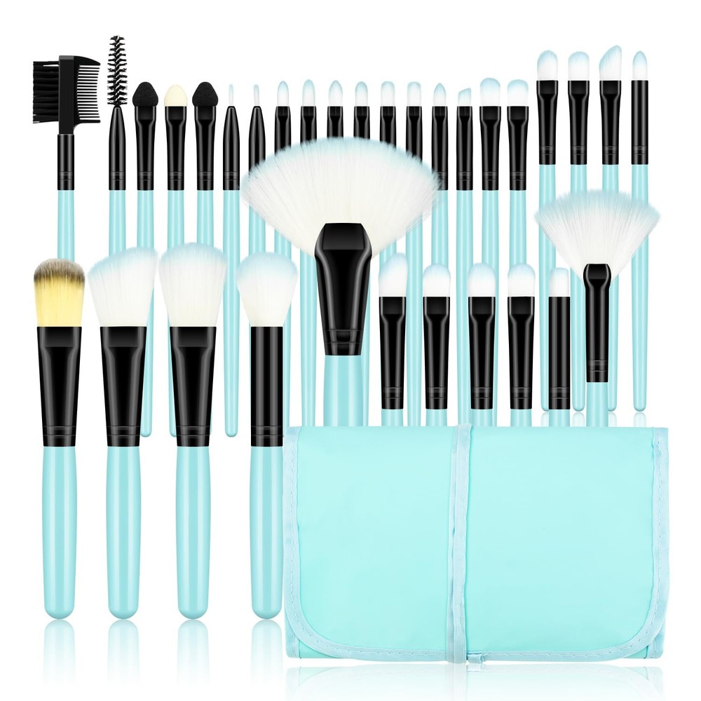 32-Piece Blue Synthetic Makeup Brush Set for Foundation & Powder