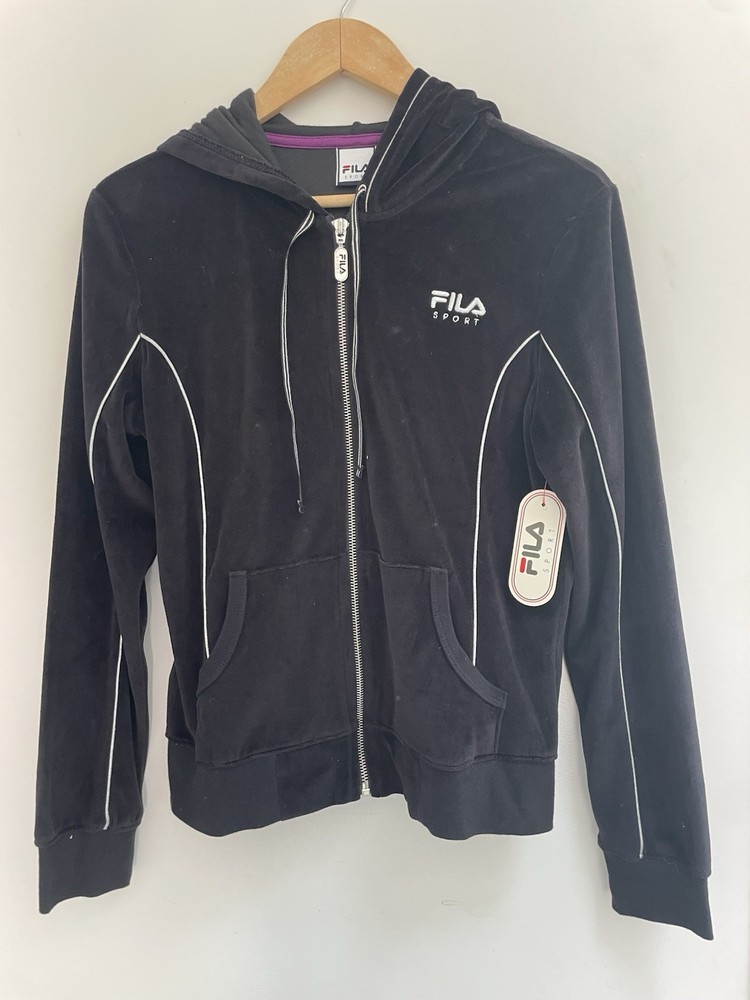 Fila Sport Women's Solid Black Velvet Cotton Blend Full-Zip Long Sleeve Hoodie M