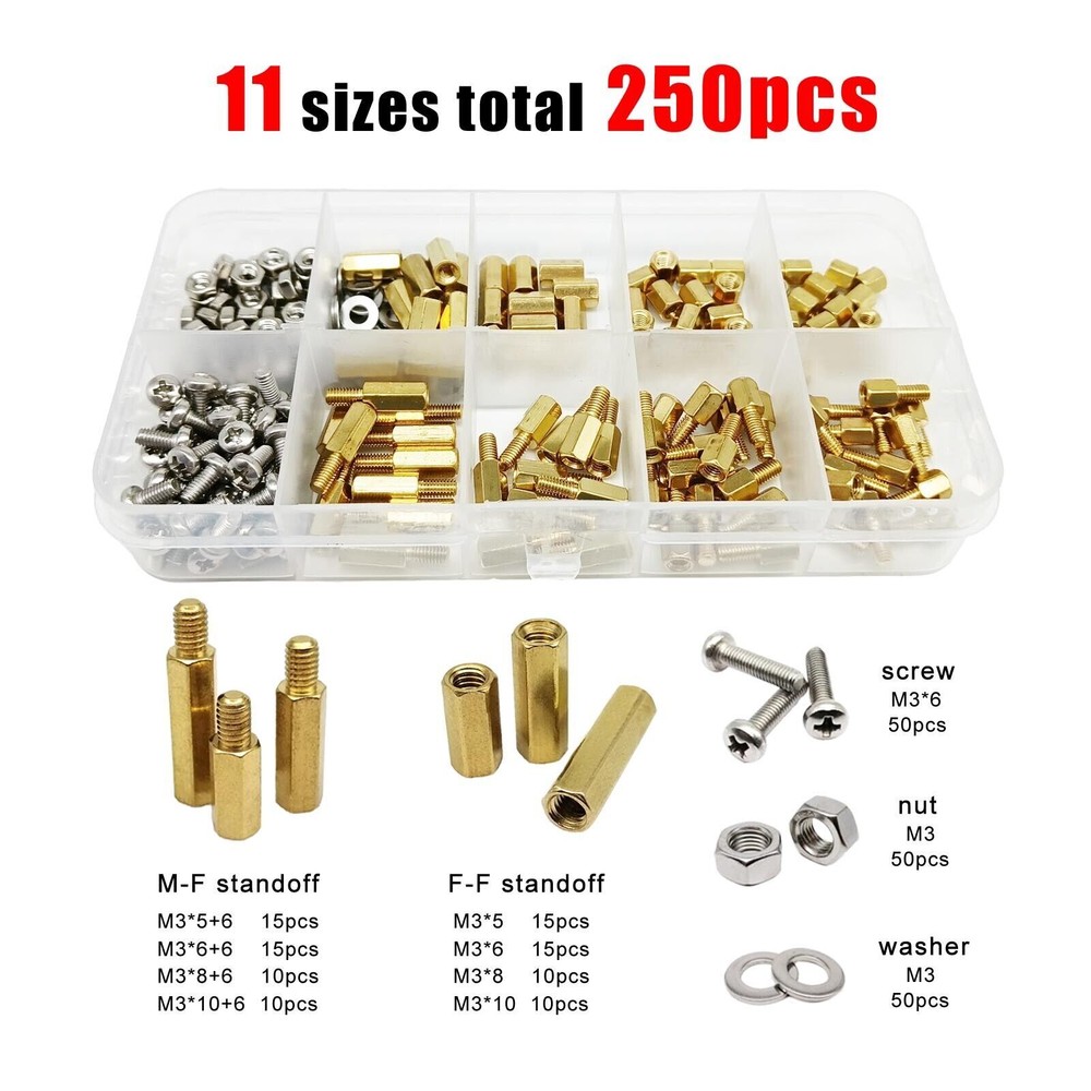250pc M3 Brass Copper Hex Standoff Pillar Spacer Column Screw Nut Washer Kit Set