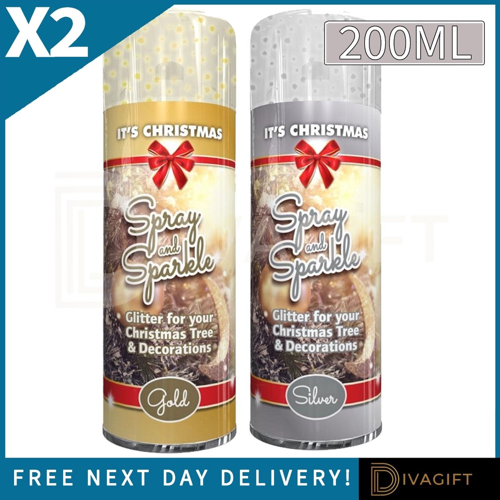 2 x CHRISTMAS SPRAY PAINT SET 200ML GOLD & SILVER GLITTER FOR XMAS SPARKLE NEW