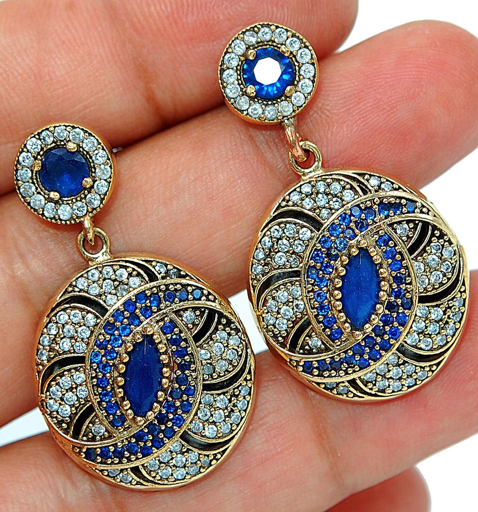 Ottoman Empire Inspired 12CT Treated Sapphire 925 Sterling Silver Dangle Earrings TE1519