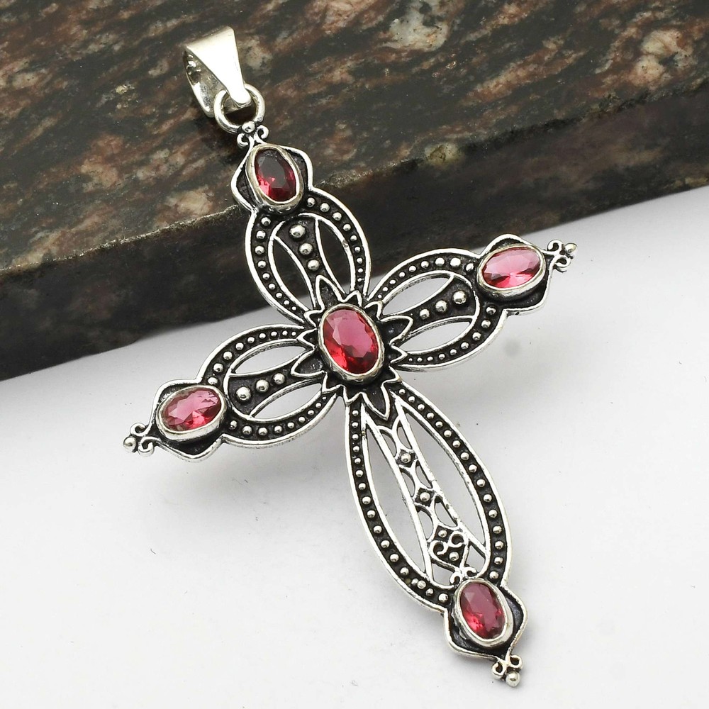 Pink Topaz Gemstone Ethnic Handmade Cross Pendant Jewelry Wedding Gift  AP-15813