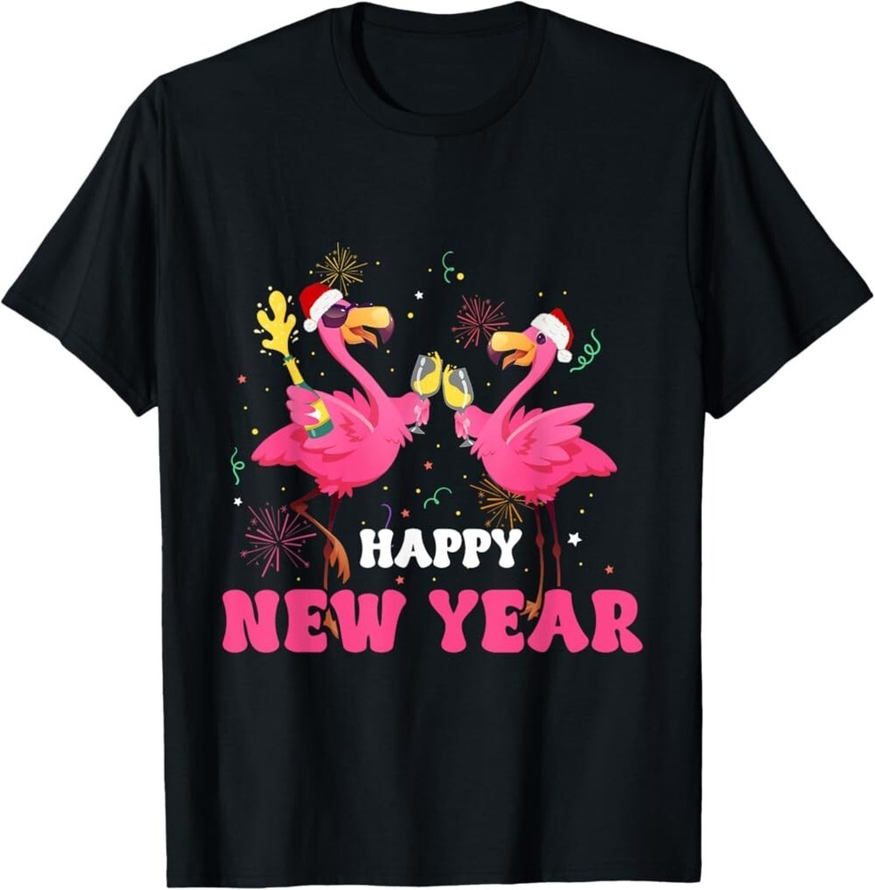 Happy New Year Pink Flamingo Drinking Wine Tshirt, Not delivered by Xmas