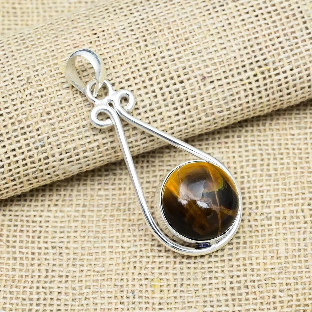 Natural Tiger's Eye Gemstone 925 Silver Certified Handmade Jewelry Pendant 20 CT