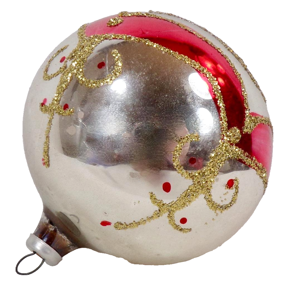 Germany Christmas Ornament Silver Glass Ball Red Gold Glitter Blown LOM #1115