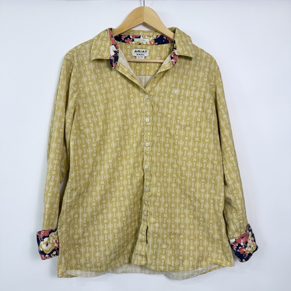 Ariat Fitted Button Up Shirt Womens Size XL Mustard Yellow Geometric Western