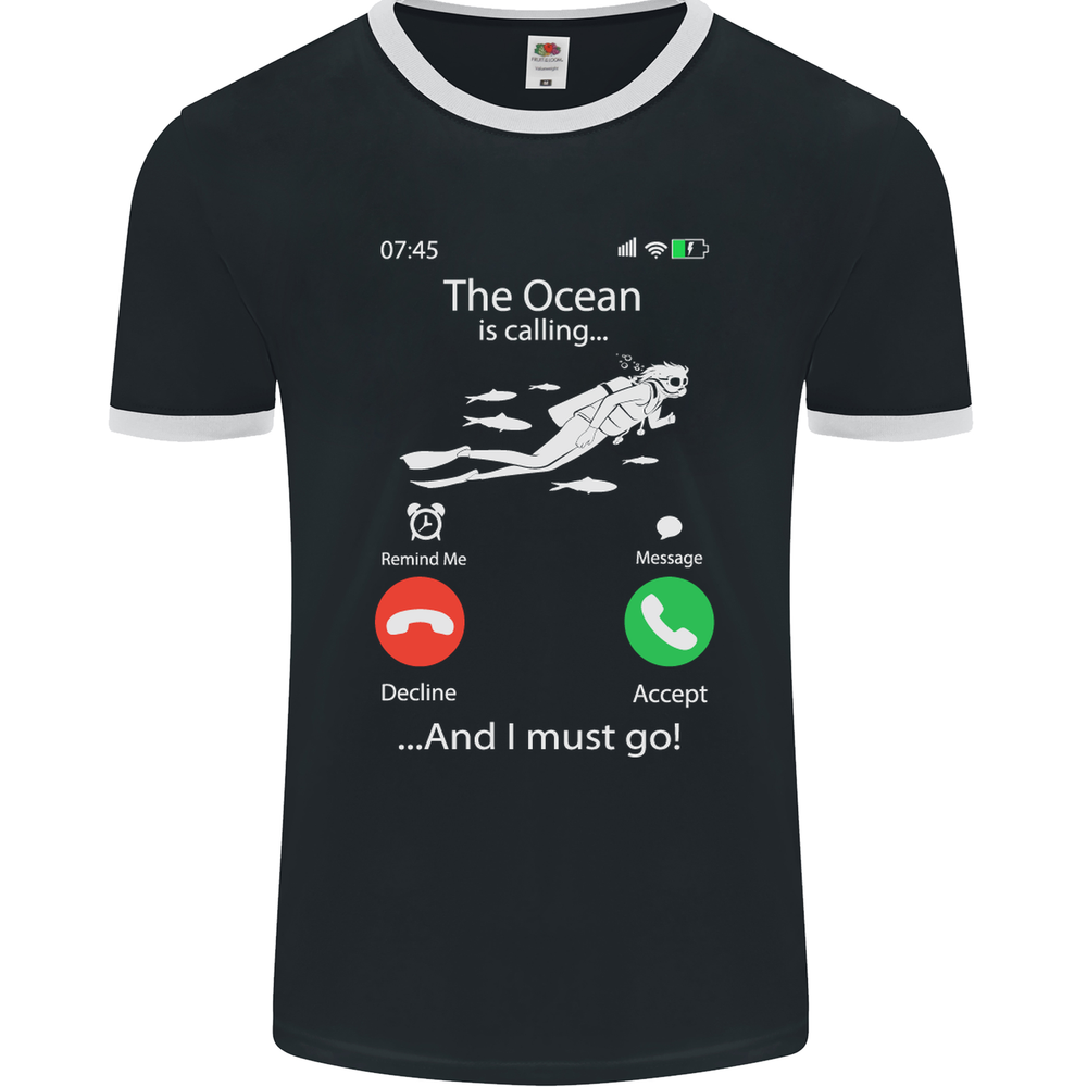 The Ocean Is Calling Scuba Diving Diver Mens Ringer T-Shirt FotL