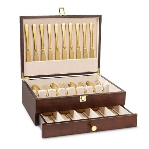 Silverware Storage Box, 2-Layer Flatware Storage Case with Drawer, Wooden