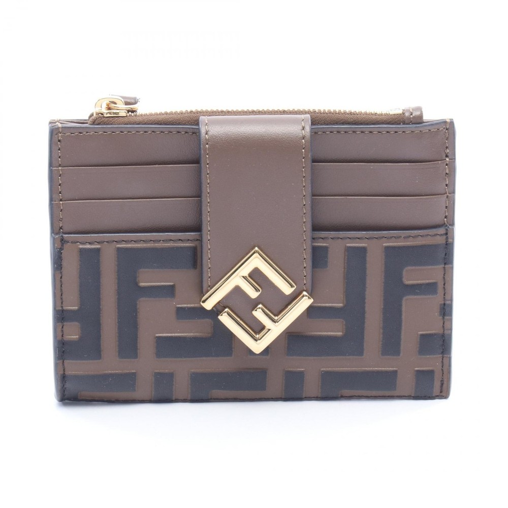 FENDI FF Diamond Card Case holder coin purse 8M0507 leather Brown Black Used