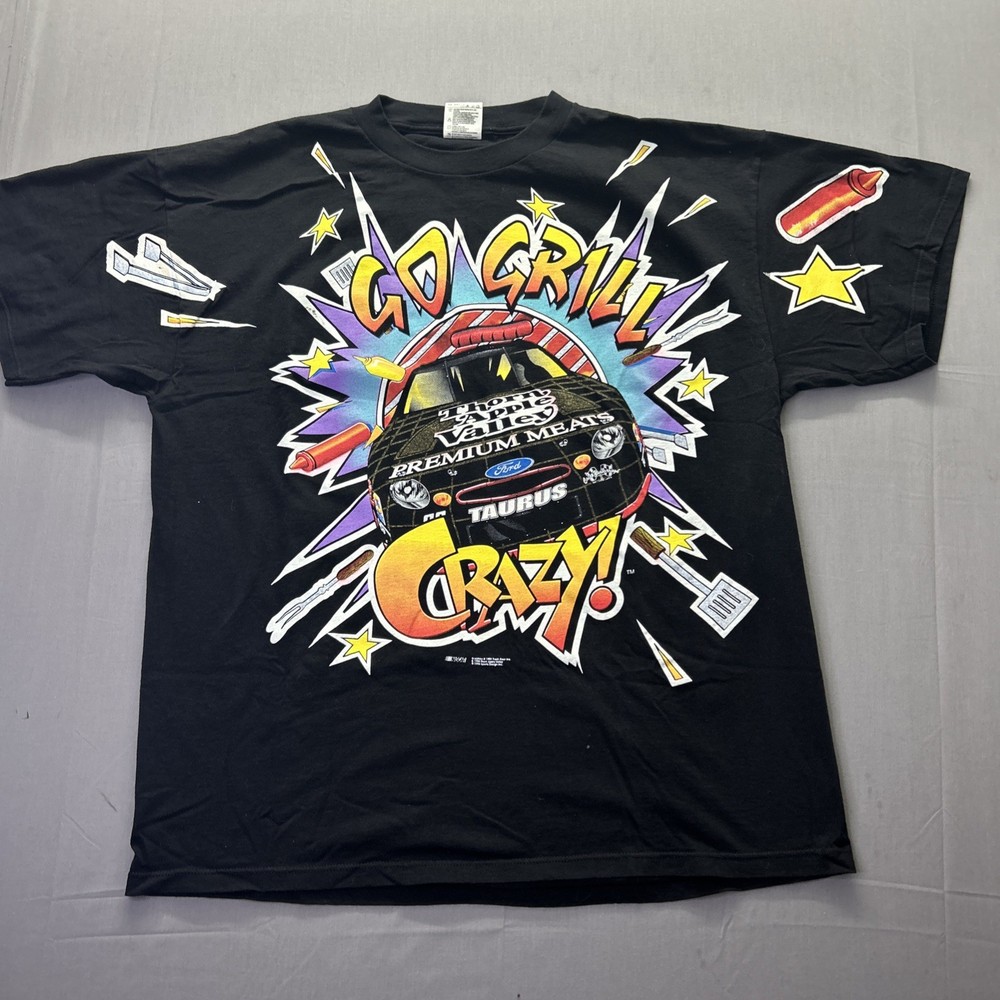 VTG NASCAR AOP T Shirt 2XL Dale Dick Thorn Apple Valley Ford Go Grill Crazy 1998